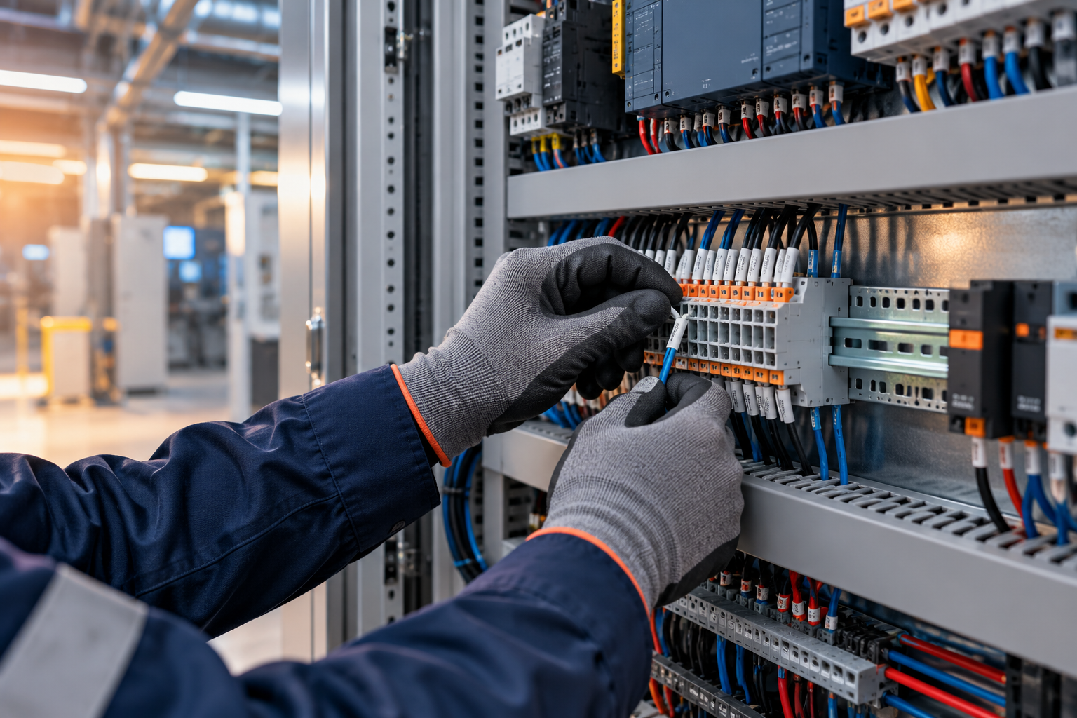 Technician connecting wiring inside a commercial electrical cabinet