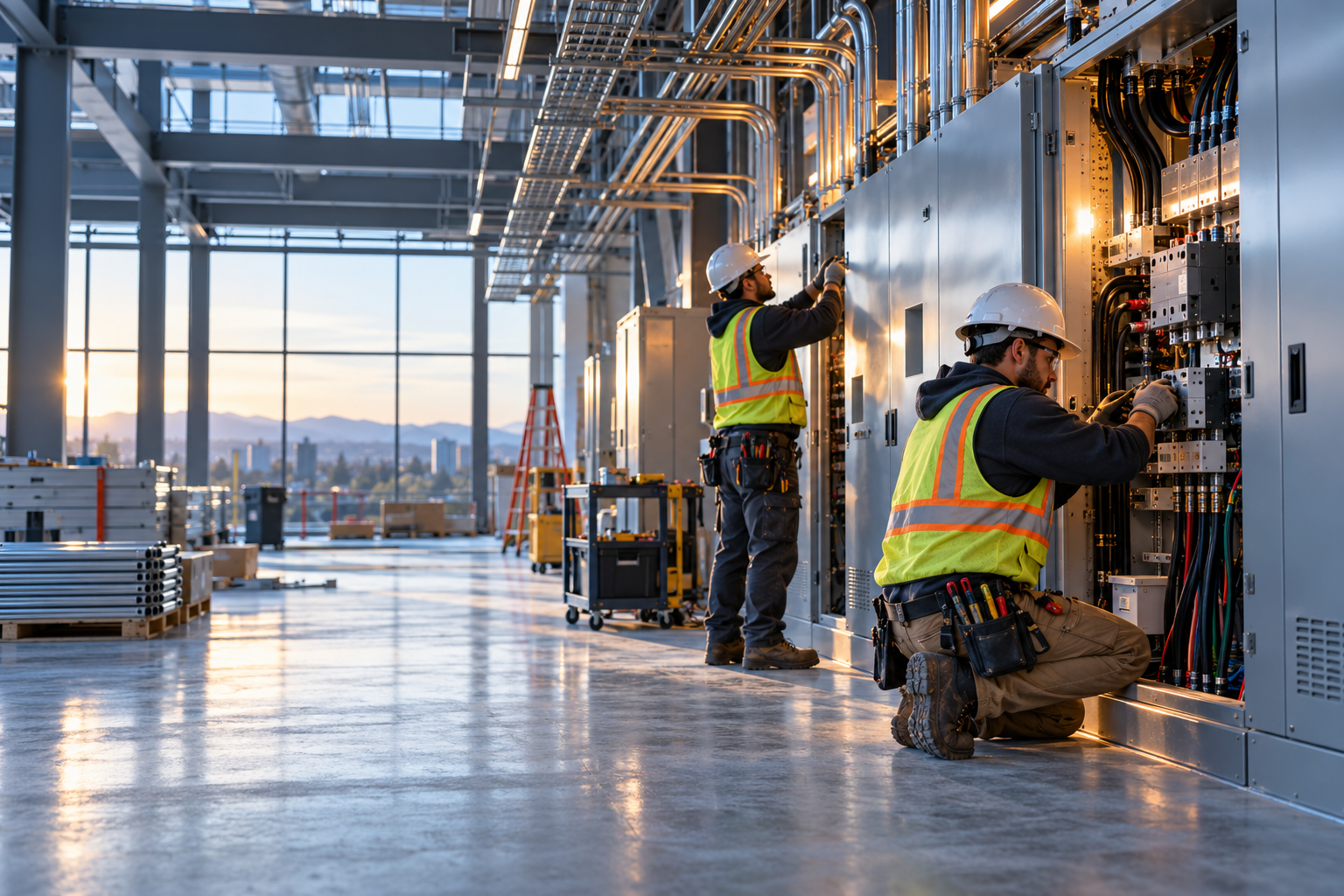 Electricians installing commercial power equipment in a modern facility