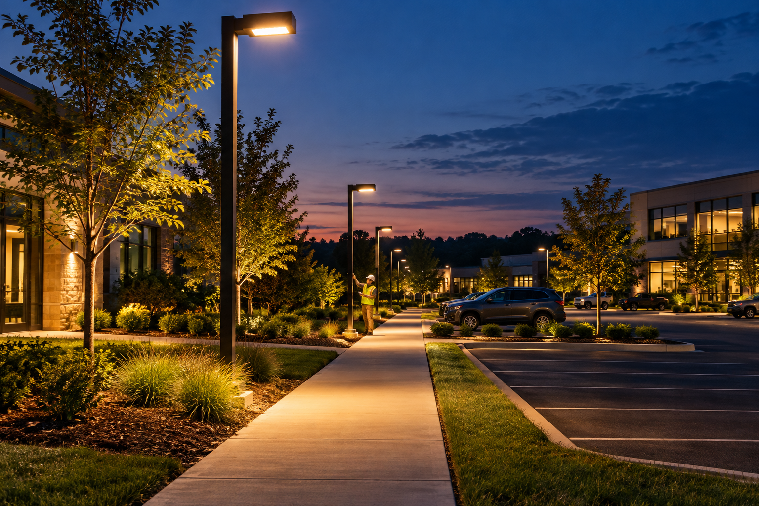 Efficient site lighting across a commercial campus at blue hour